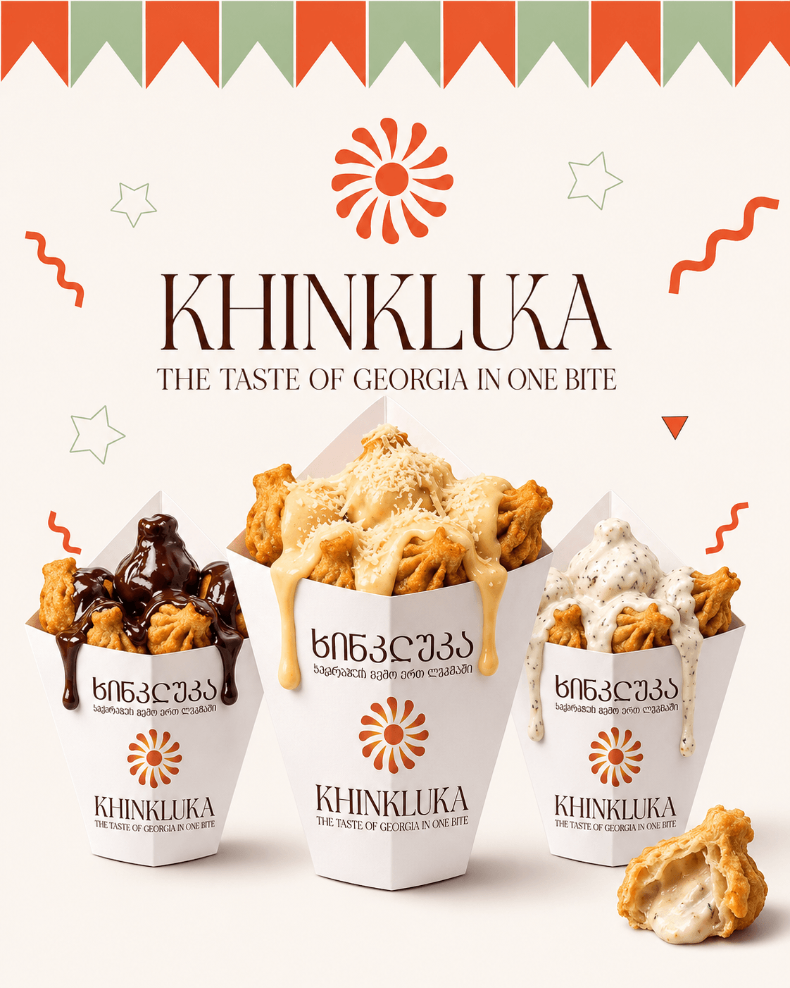 Three Khinkluka cones with chocolate, cheese and herb sauces